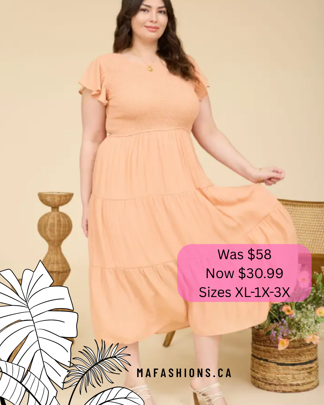 Weekend Wandering Apricot Smock Tiered Midi Dress - Reg/Plus