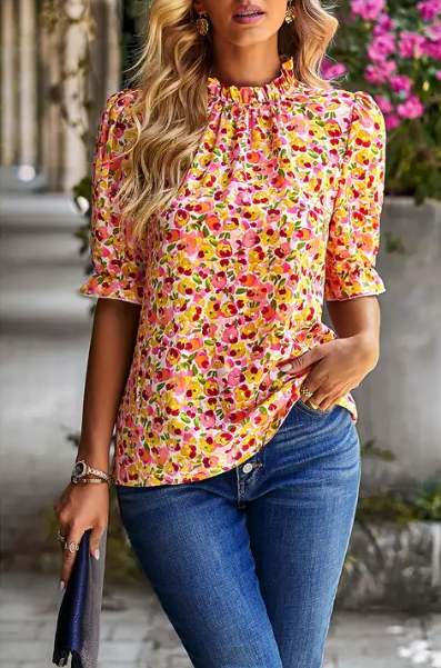 Easy Morning Pink Floral Mock Neck Top