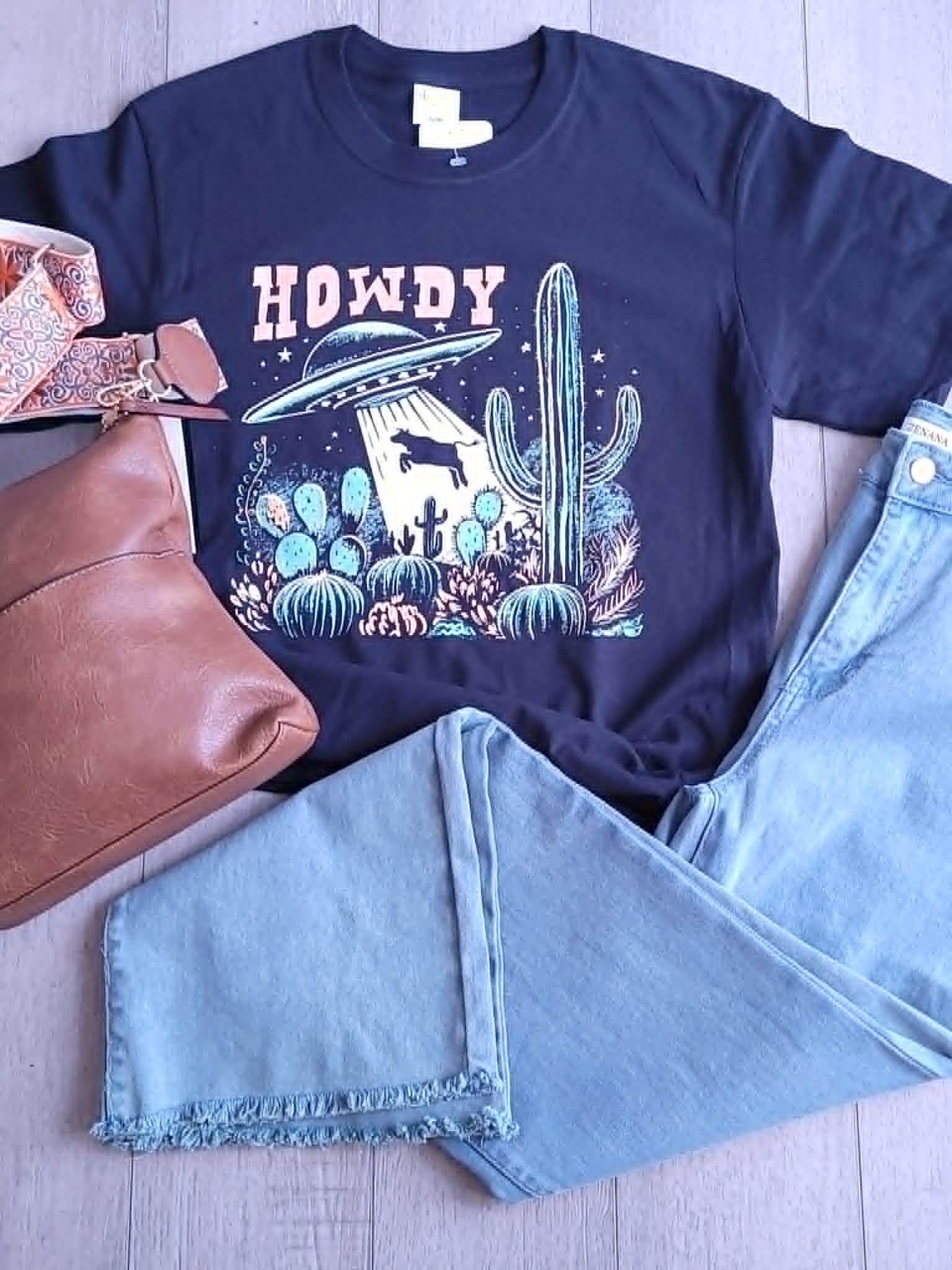 Howdy Space Cow Black Tee