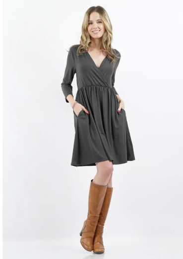 Share Your Story Ash Grey Pocket Dress With 3/4 Sleeve